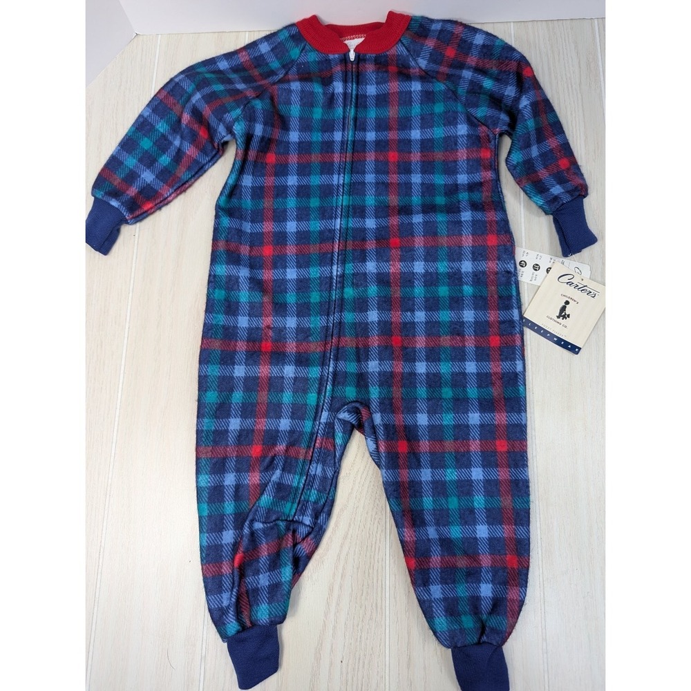 Carter's Boys Girls vintage Fleece Pajamas 2T Blue Red Plaid Zip 1 piece sleeper